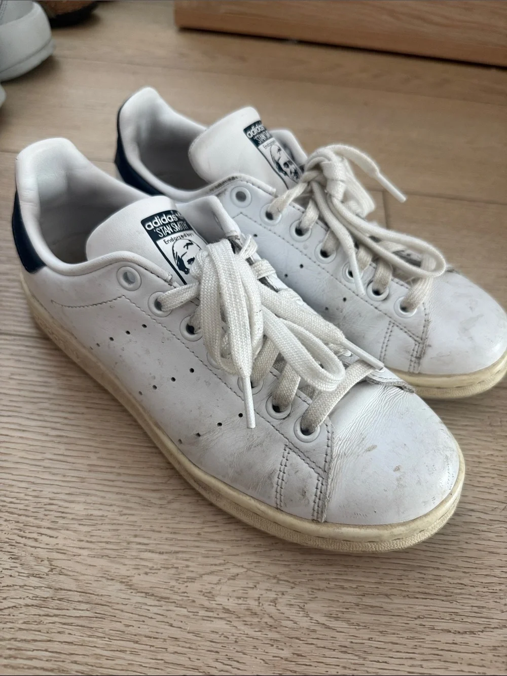 adidas White and Navy Stan Smith Leather Sneakers